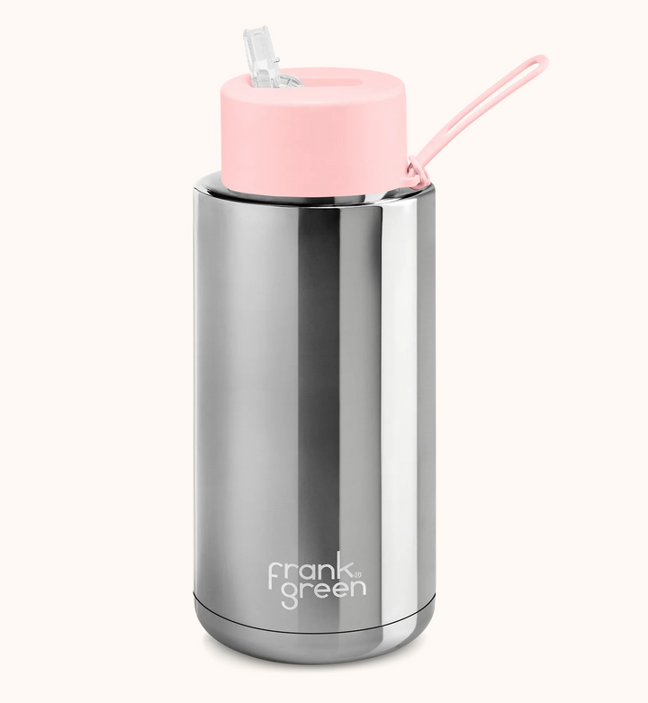 frank green Chrome Silver with Blush Lid Ceramic Reusable Bottle with Straw Lid - 34oz / 1,000ml